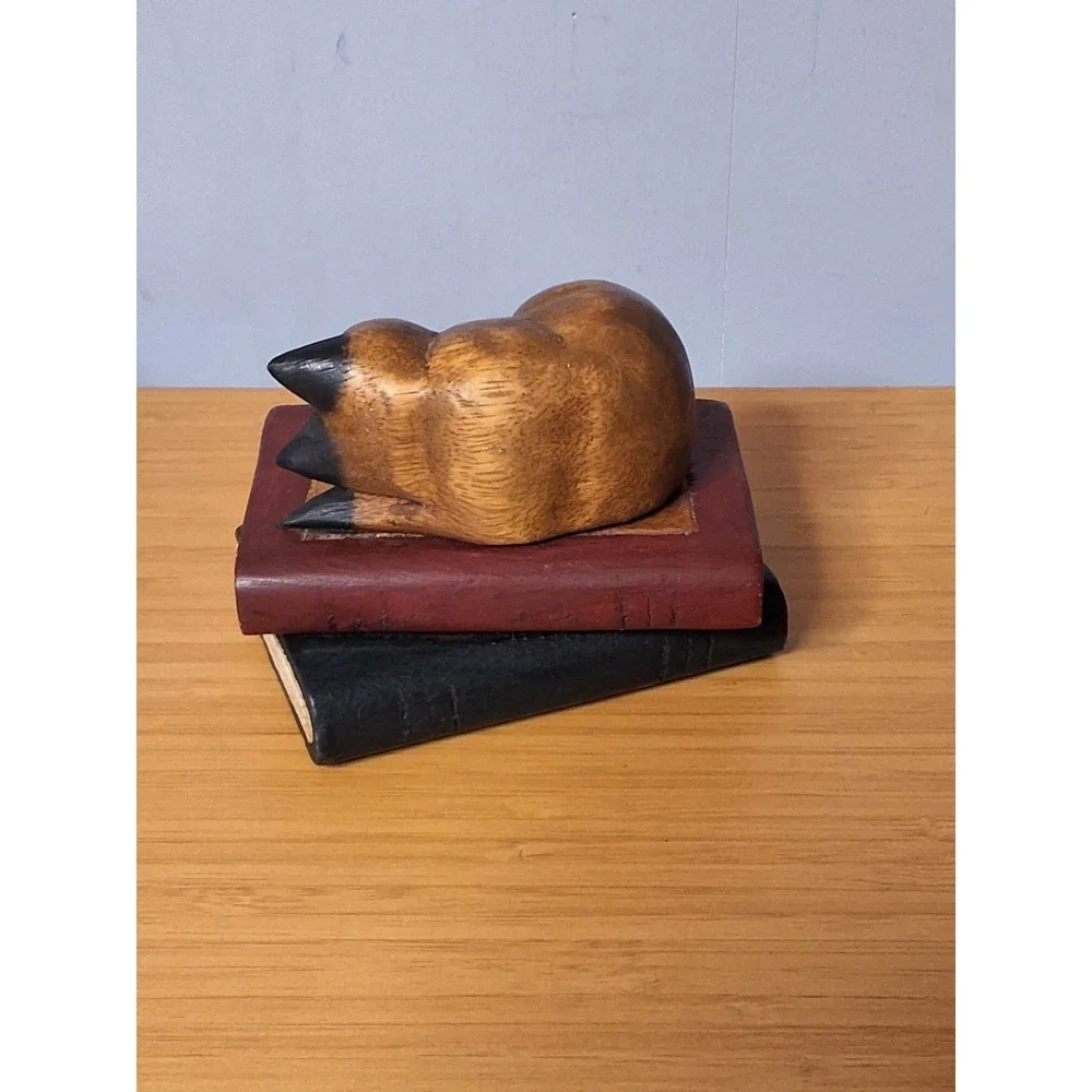 Vintage Handcrafted Wooden Cat Sleeping On Books Paper Weight. Made In Thailand